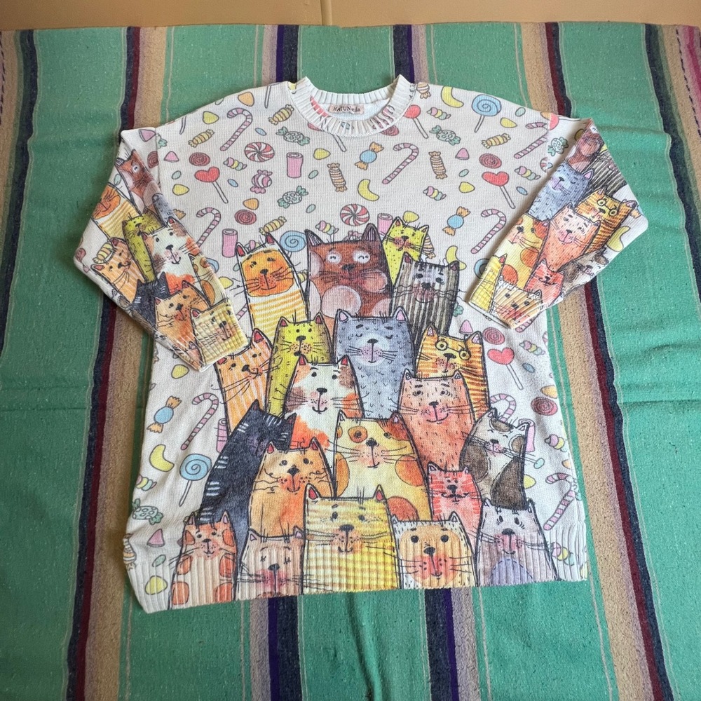 Hatunatila Cat Candy Sweater Womens XL Multicolor Graphic Knit Oversized Top